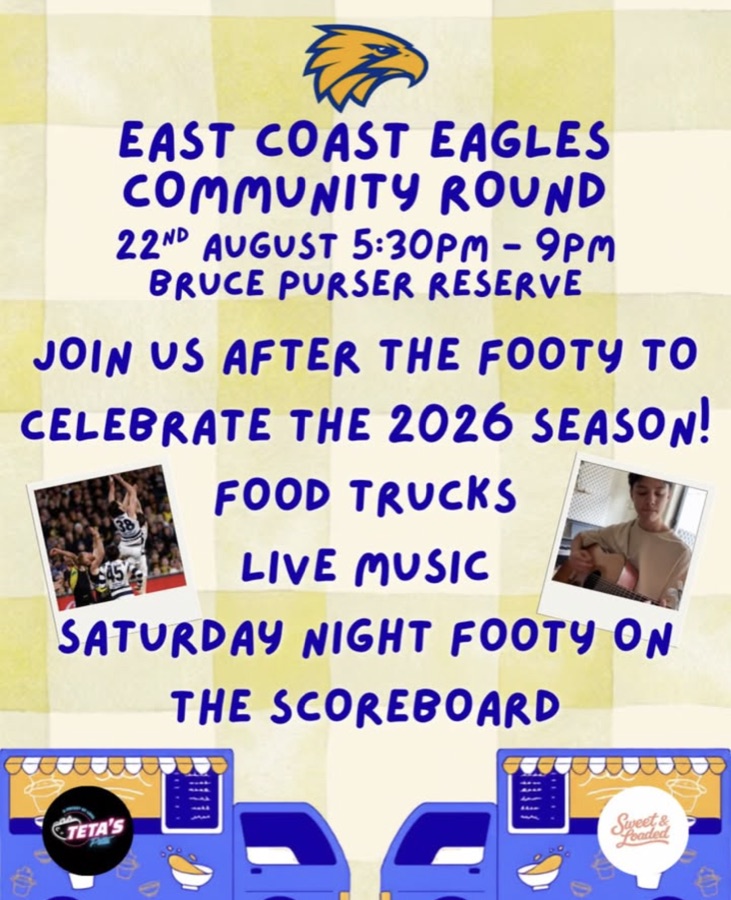 East Coast Eagles AFL Community Round celebration poster with live music by Liam
