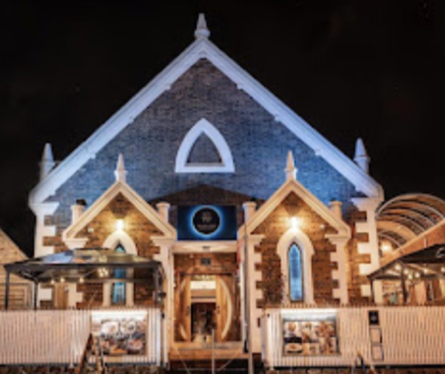 Henry's Bar and Restaurant, a converted church venue, at night