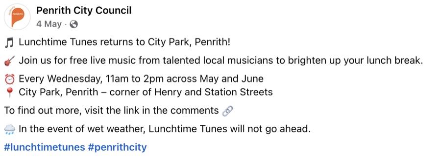 Penrith City Council social media post announcing Lunchtime Tunes