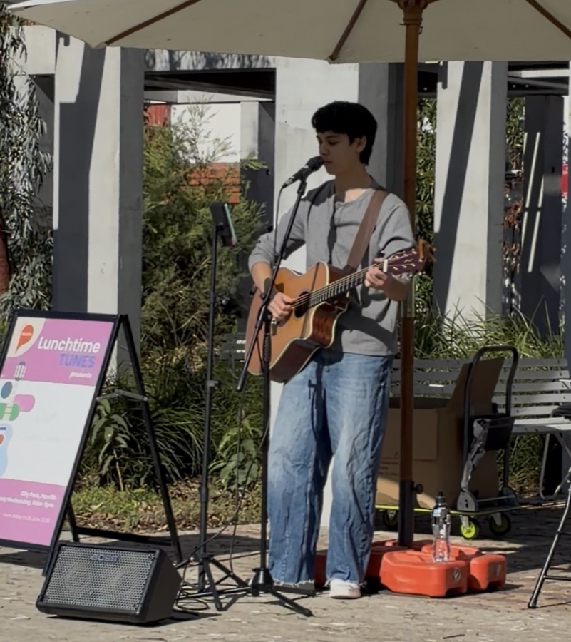 Liam performing at Lunchtime Tunes in City Park Penrith